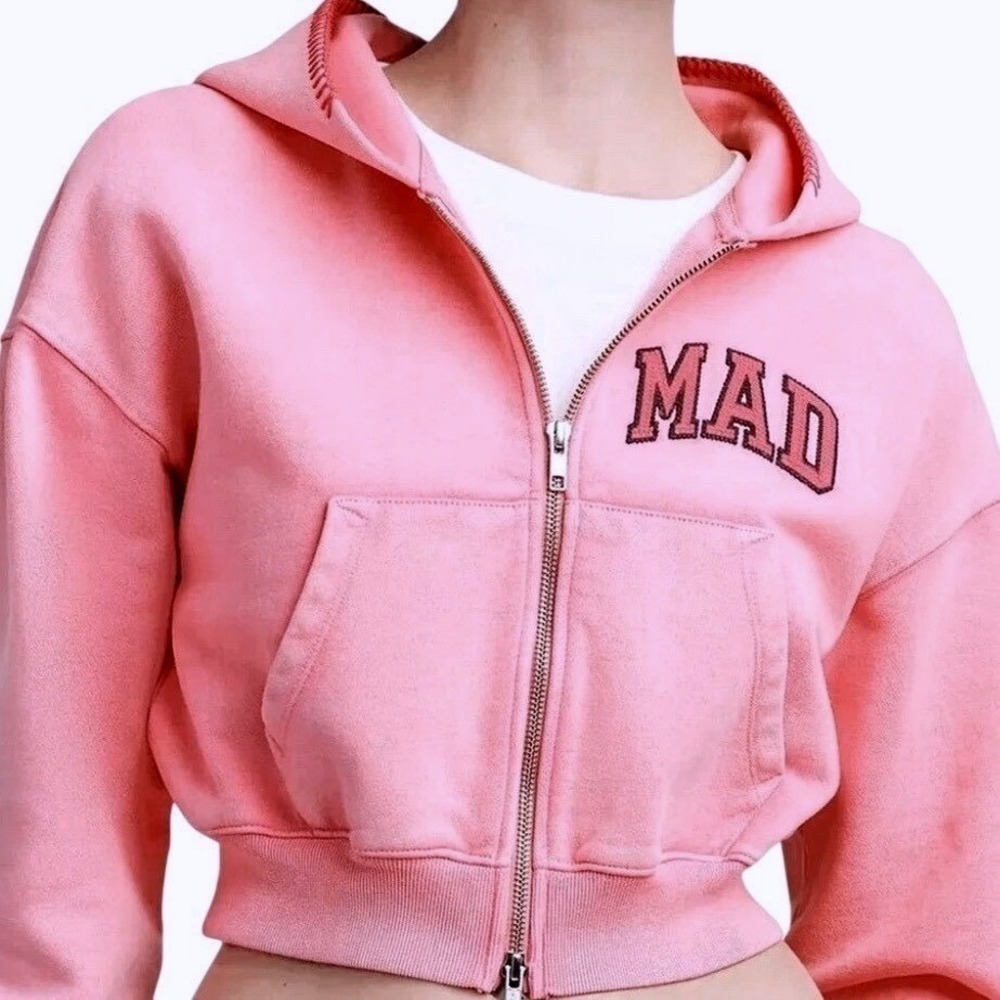 GAP X Madhappy Pink Cropped‎ Zip Up Hoodie Sweatshirt Women Size Medium - Picture 2 of 4